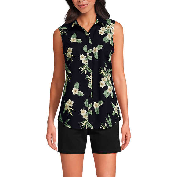 Land's End No Iron Sleeveless Button-Up Shirt Black Plumeria Women's S/P (6-8) - Picture 2 of 7